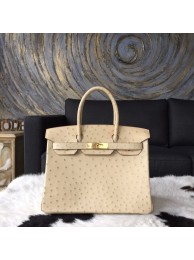 Top Hermes Autruche Ostrich Birkin 30cm Bag Handstitched Palladium Hardware, Parchemin 3C RS07206