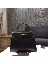 Top Hermes Kelly 28cm Box Calfskin Bag Handstitched Gold Hardware, Noir RS11301