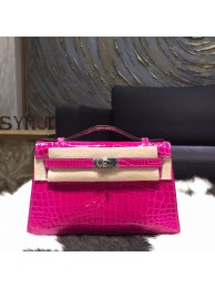 Top Hermes Mini Kelly Pochette 22cm Shiny Alligator Palladium Hardware Handstitched, Rose Scheherazade J5 RS03343